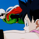 Gohan flies next to Videl in the Dragon Ball Z anime.